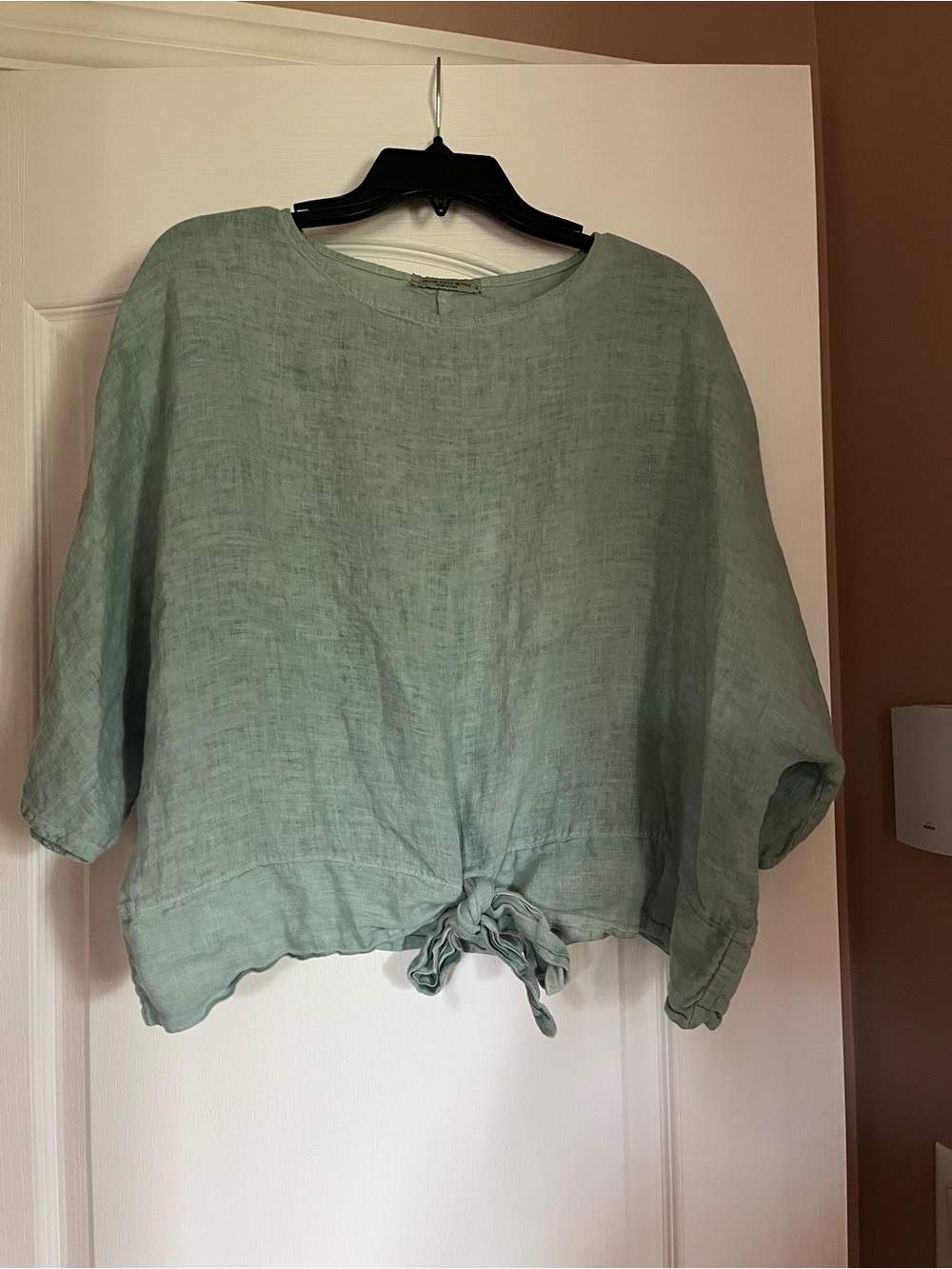 Made in Italy- Relaxed Light Sage 100% Linen Tie-Front Tunic Top